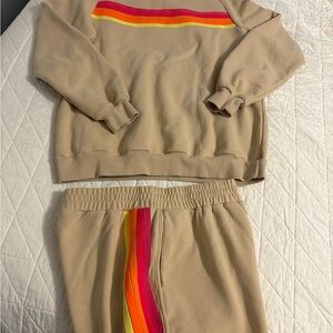 Women’s Tan Sweatshirt and shorts Set with Rainbow Stripes